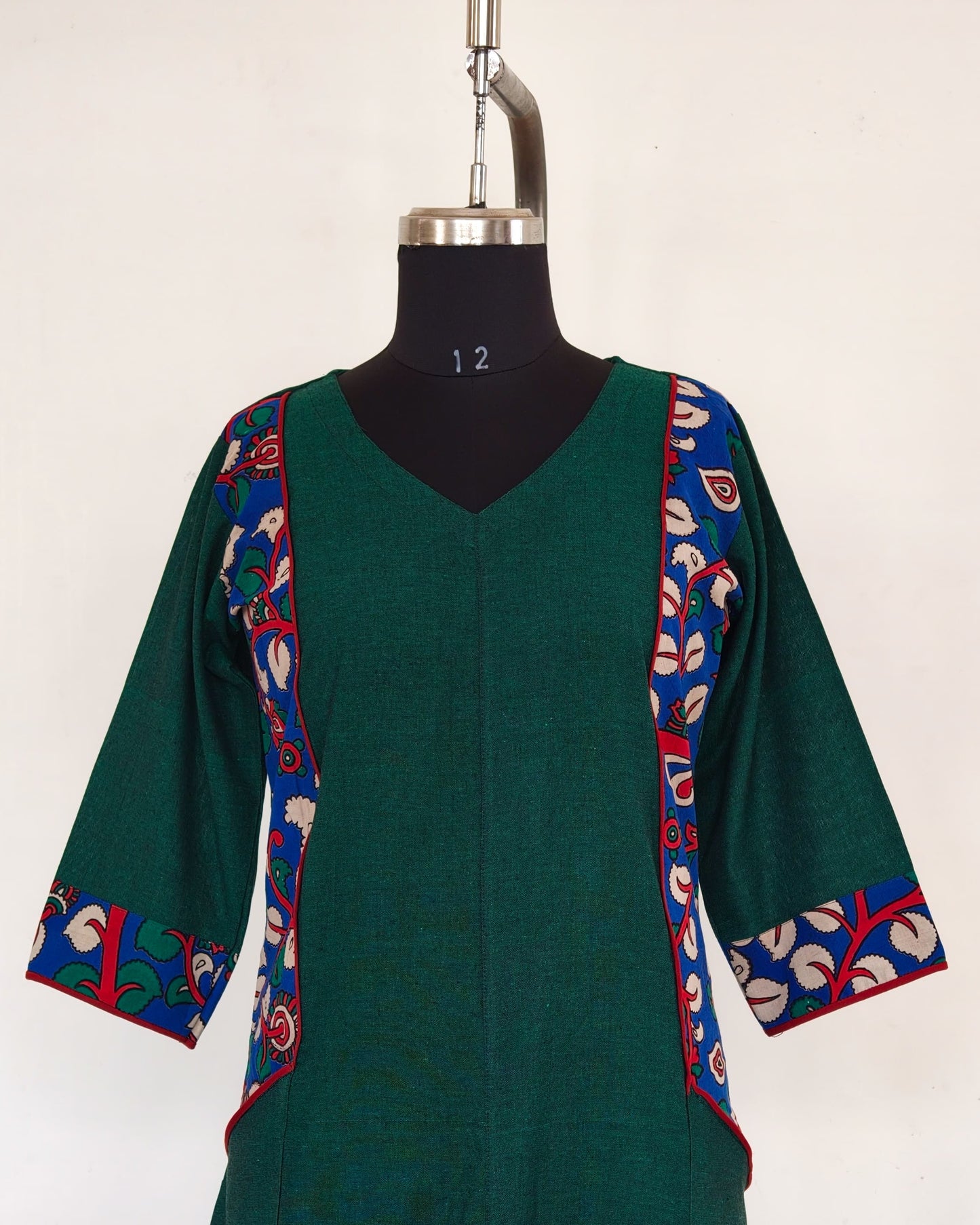 254 Bottle green A-Line with blue kalamkari panels