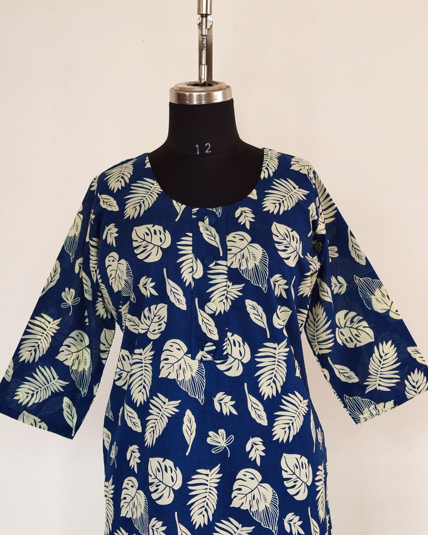 256 Navy blue printed kurta with buttons