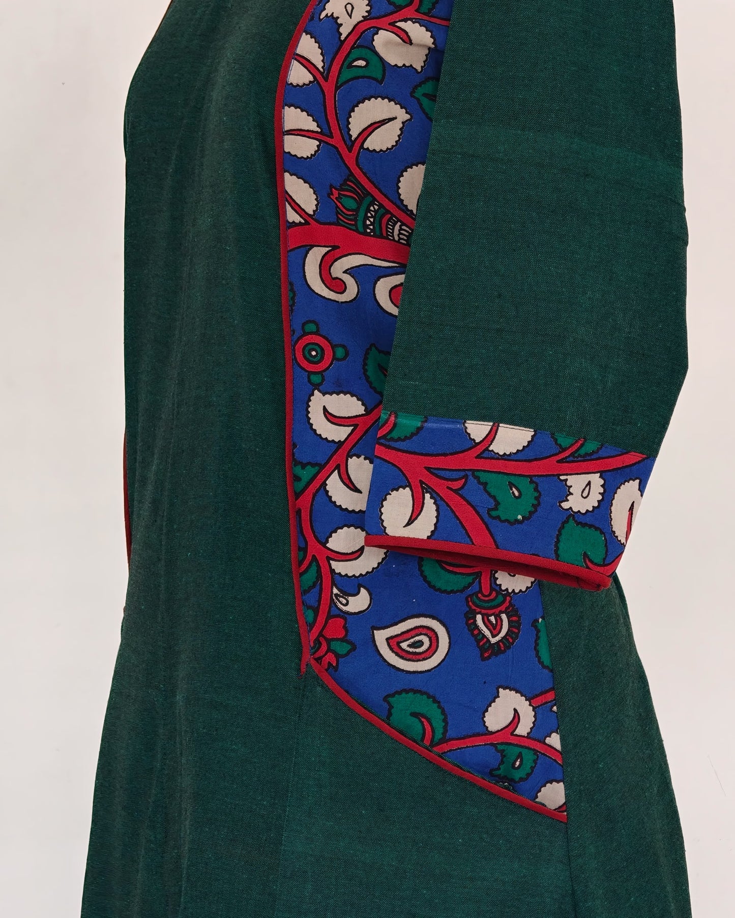 254 Bottle green A-Line with blue kalamkari panels