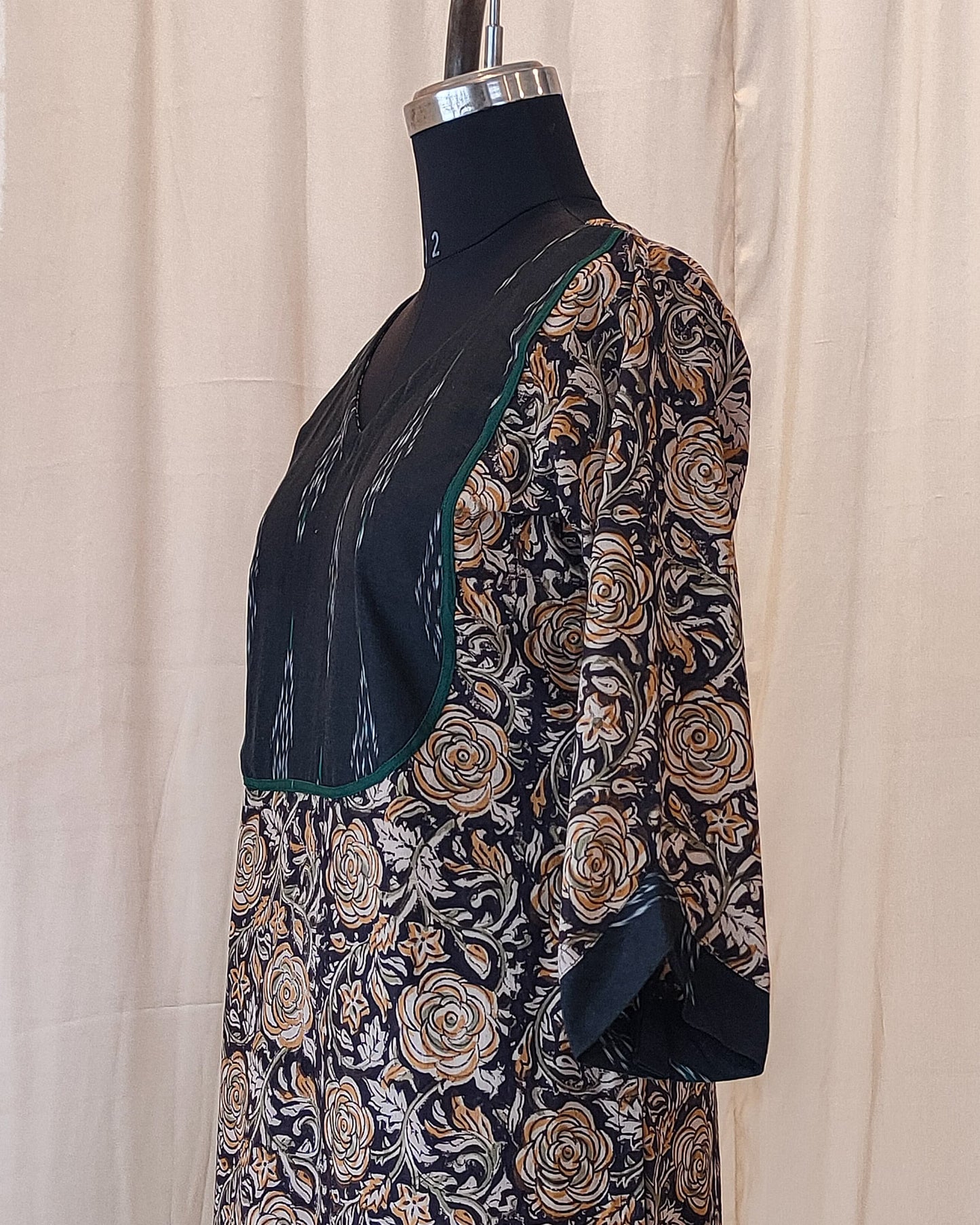 179 Black Kalamkari Kurta with Ikkat Yoke Patch