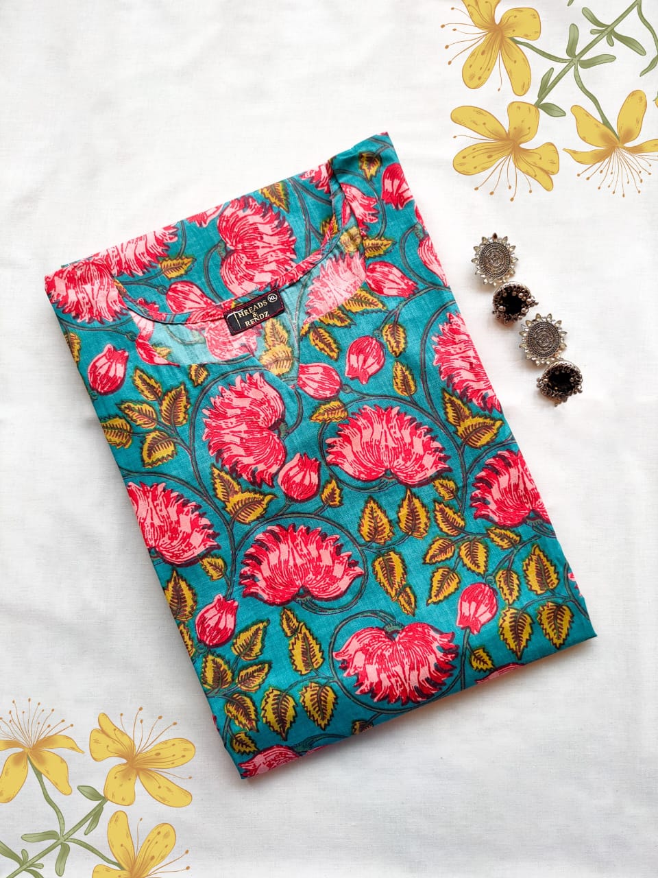 108 Green and Red Printed Cotton Kurta