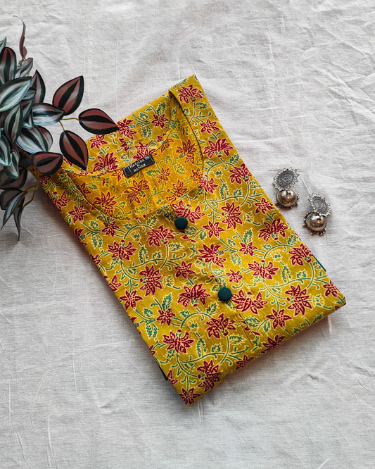 156 Yellow Ajrakh kurta with Green buttons