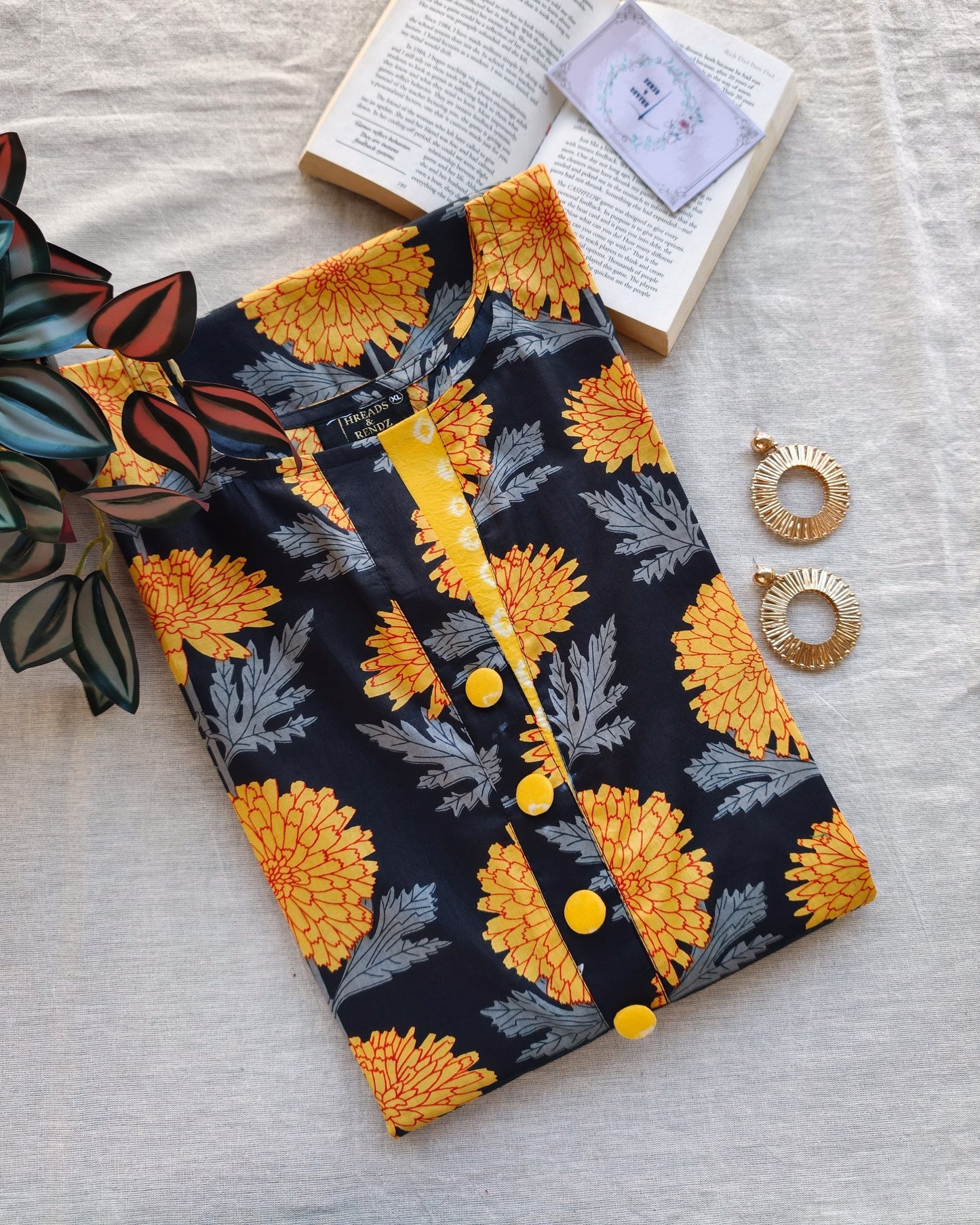 224	 Black and yellow printed straight cut kurta