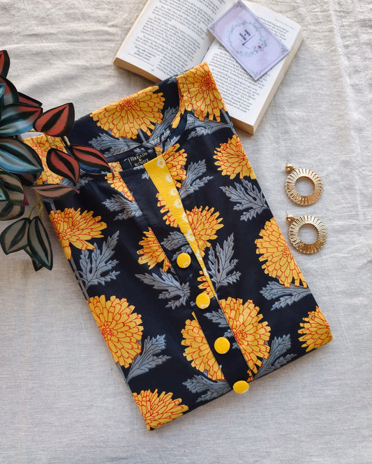 224	 Black and yellow printed straight cut kurta