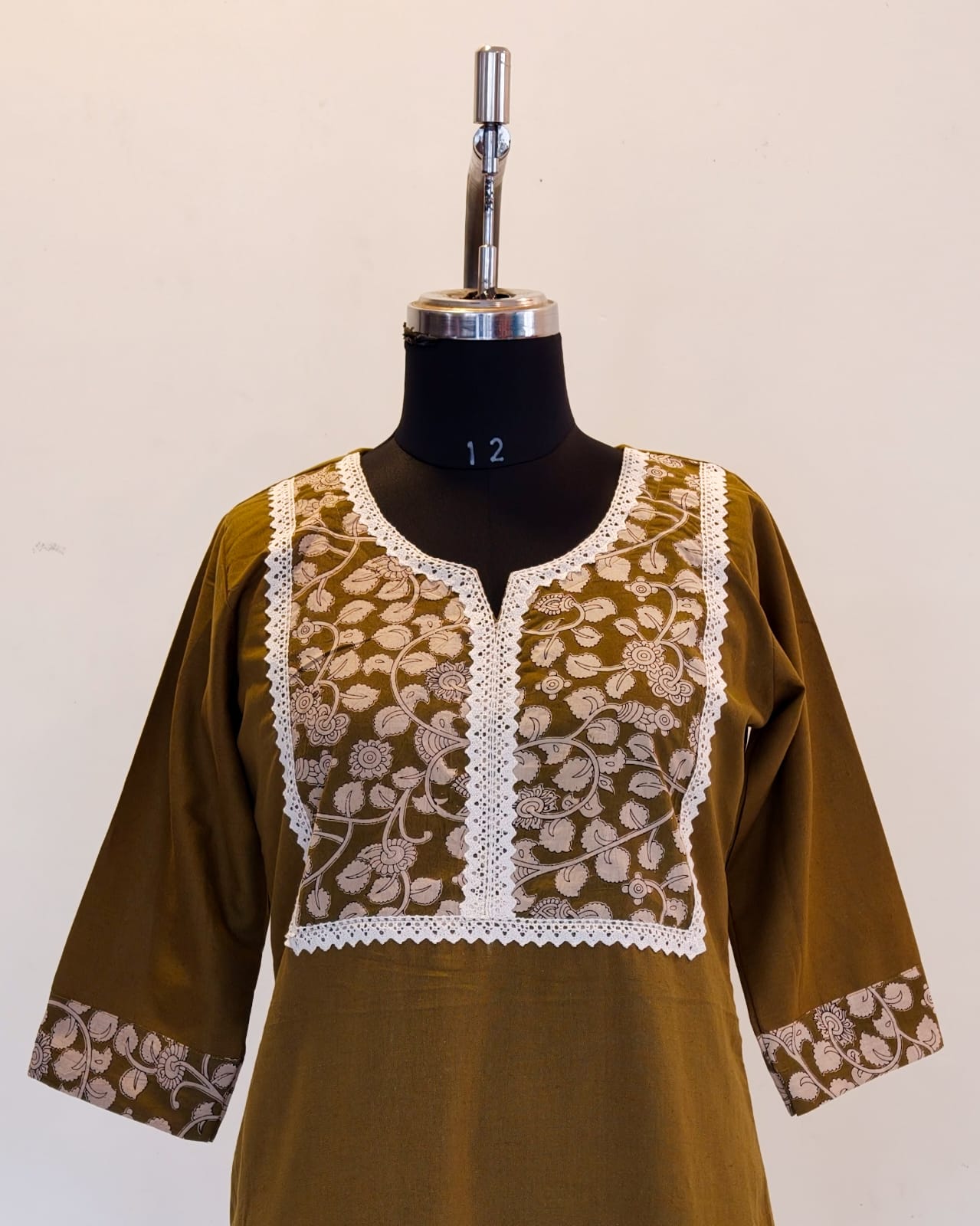289 Olive green kurta with yoke patch and lace detailing