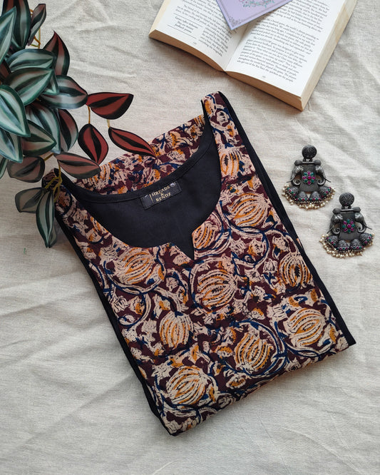195 Black with kalamkari panel straight cut cotton kurta
