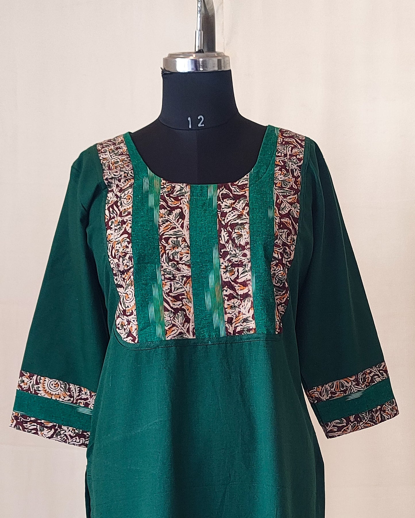 189 Bottle green kurta with ikkat and kalamkari patch