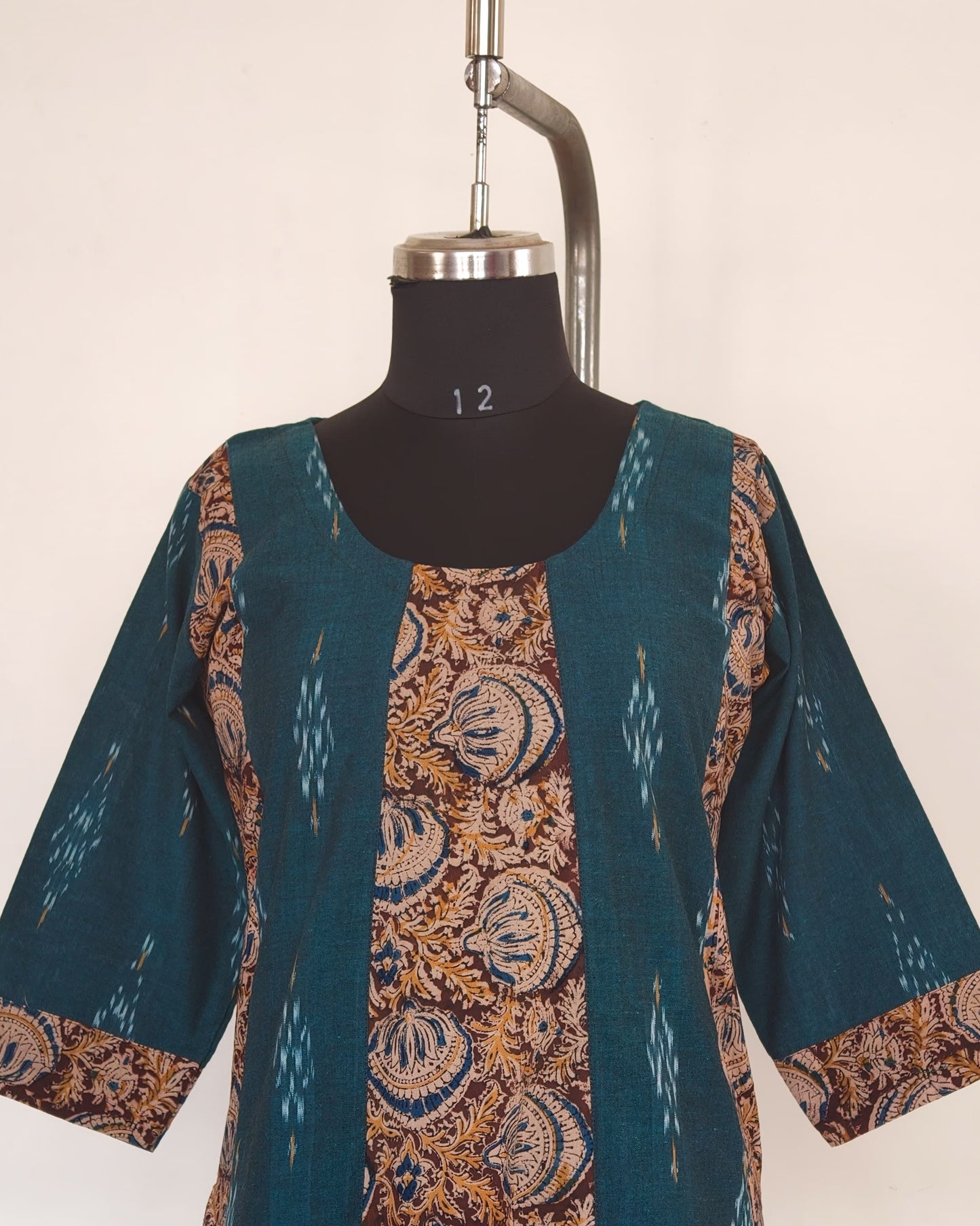 252 Green ikkat and maroon kalamkari flare kurta