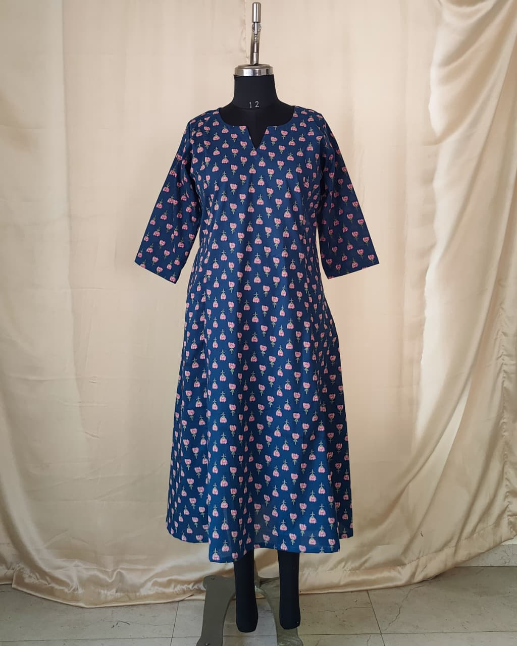 219	Blue and Pink Printed flare cotton kurta