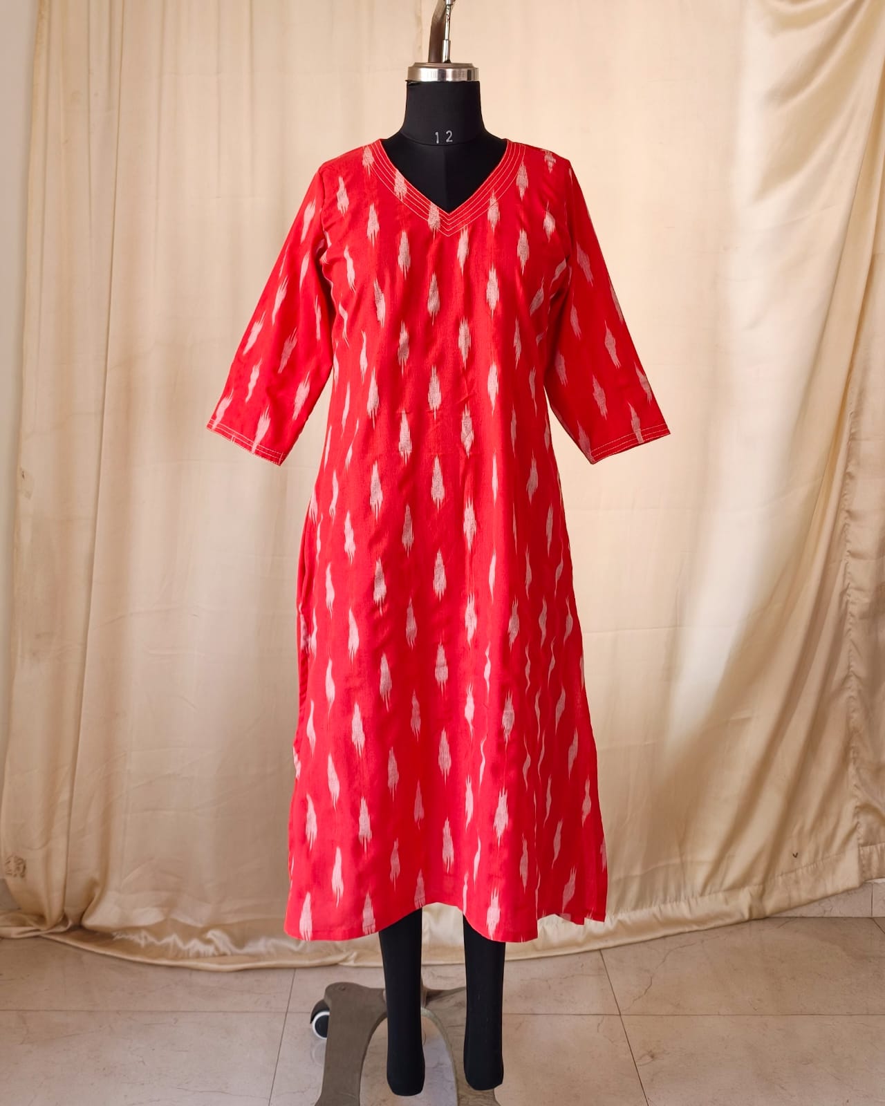 222	Red ikkat A line kurta with white detailing