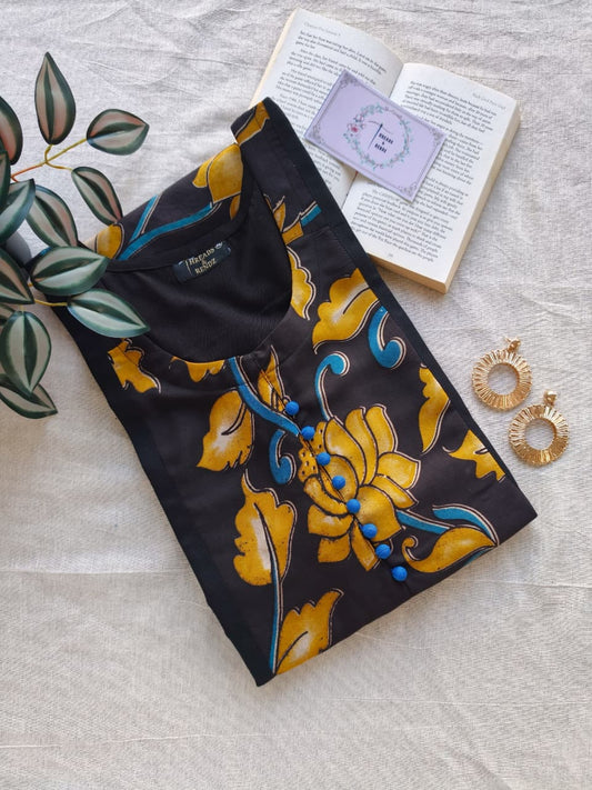 266 Black with fancy silk kalamkari panel and blue potlis