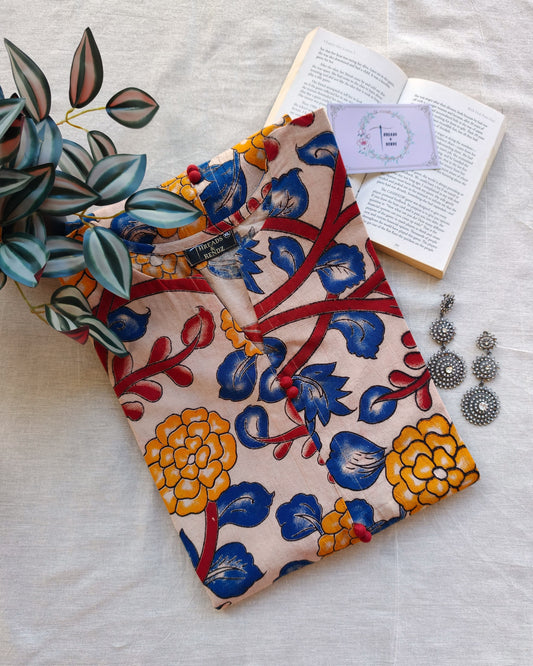 279 White with multicoloured kalamkari print kurta