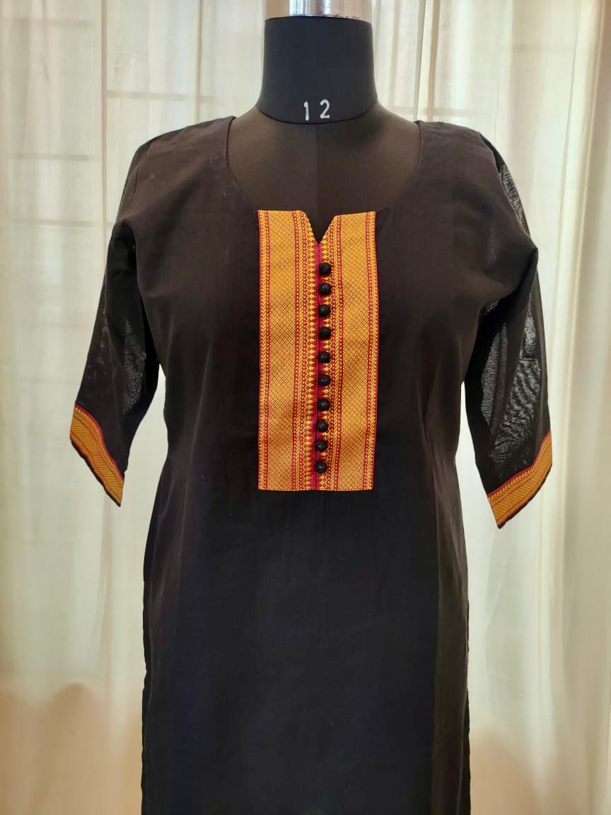 152 Black Mangalgiri cotton kurta with border detailing & lining