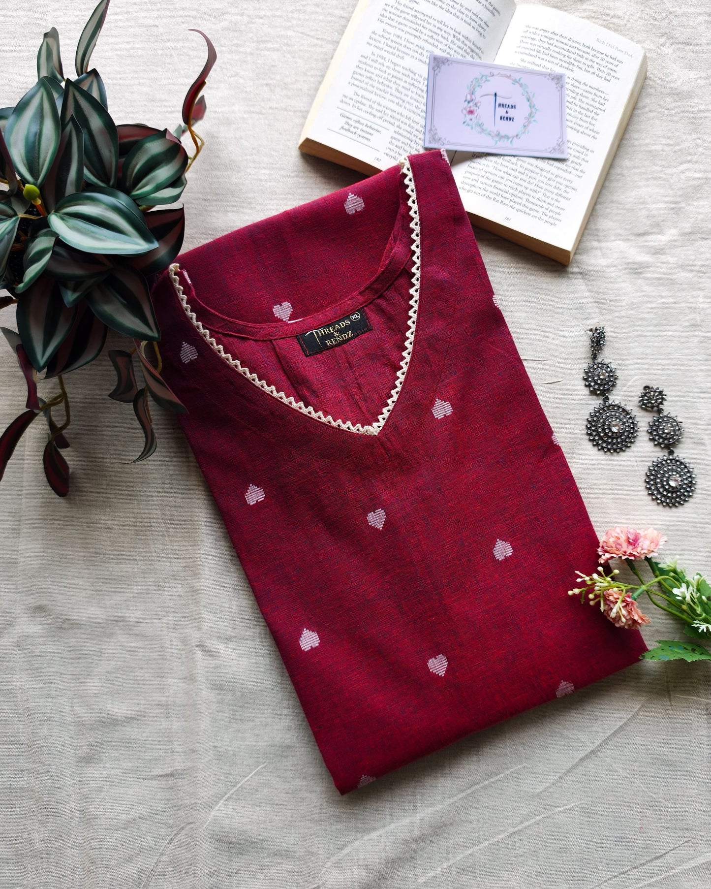 237 Maroon kurta with hearts and lace detailing