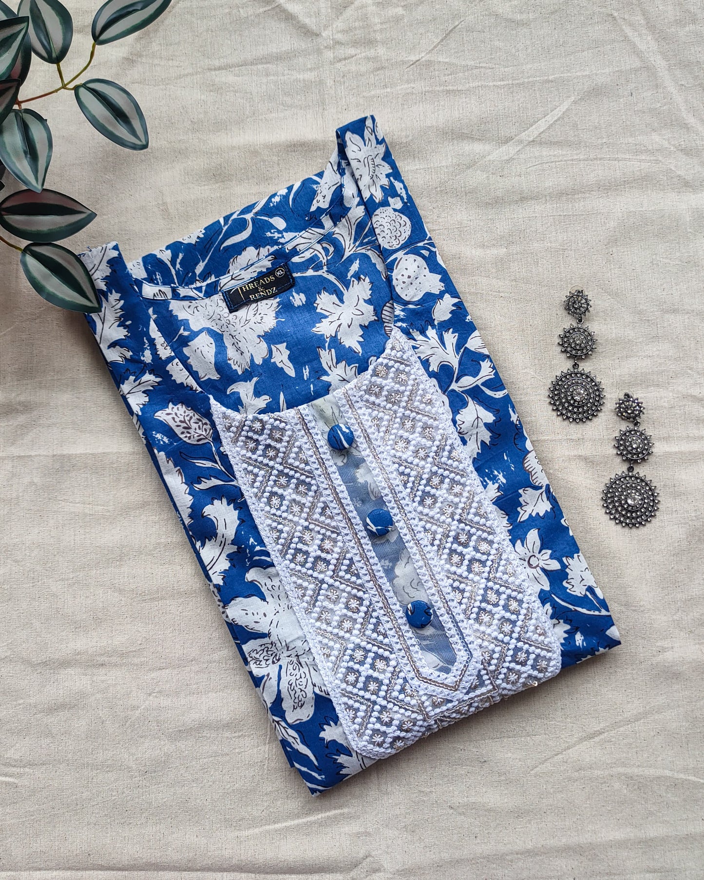 145 Blue Printed A-line Kurta with Lace Patch