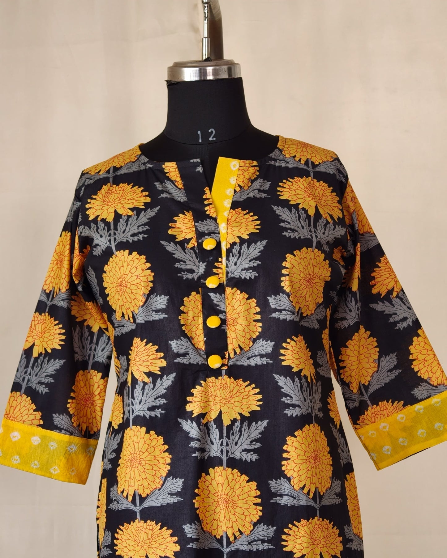 224	 Black and yellow printed straight cut kurta