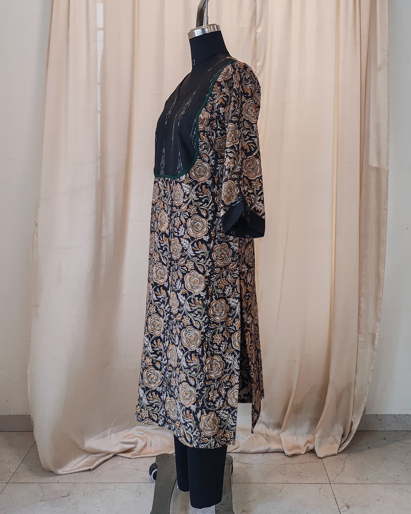 179 Black Kalamkari Kurta with Ikkat Yoke Patch