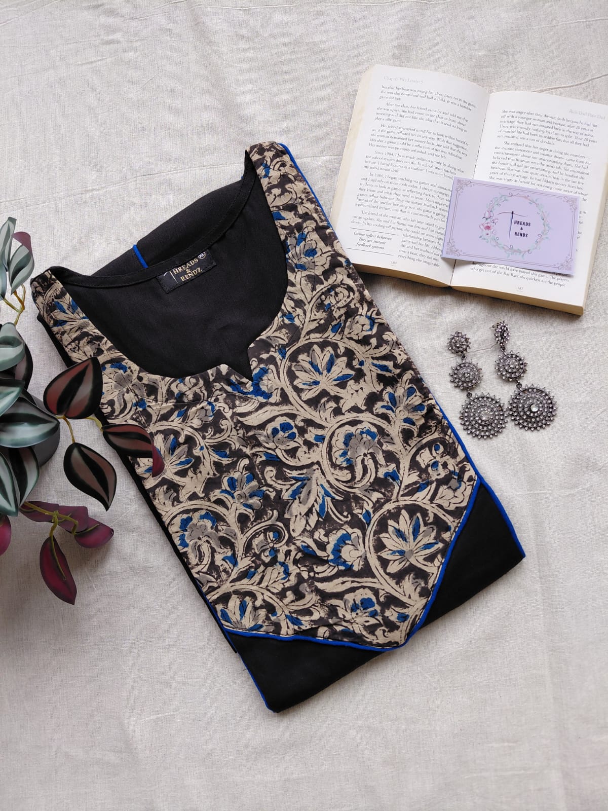 294 Black with kalamkari panel with blue piping