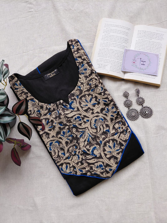 294 Black with kalamkari panel with blue piping