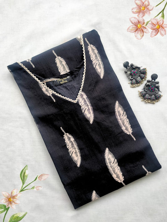 136 Black feathers print kurta with lace detailing
