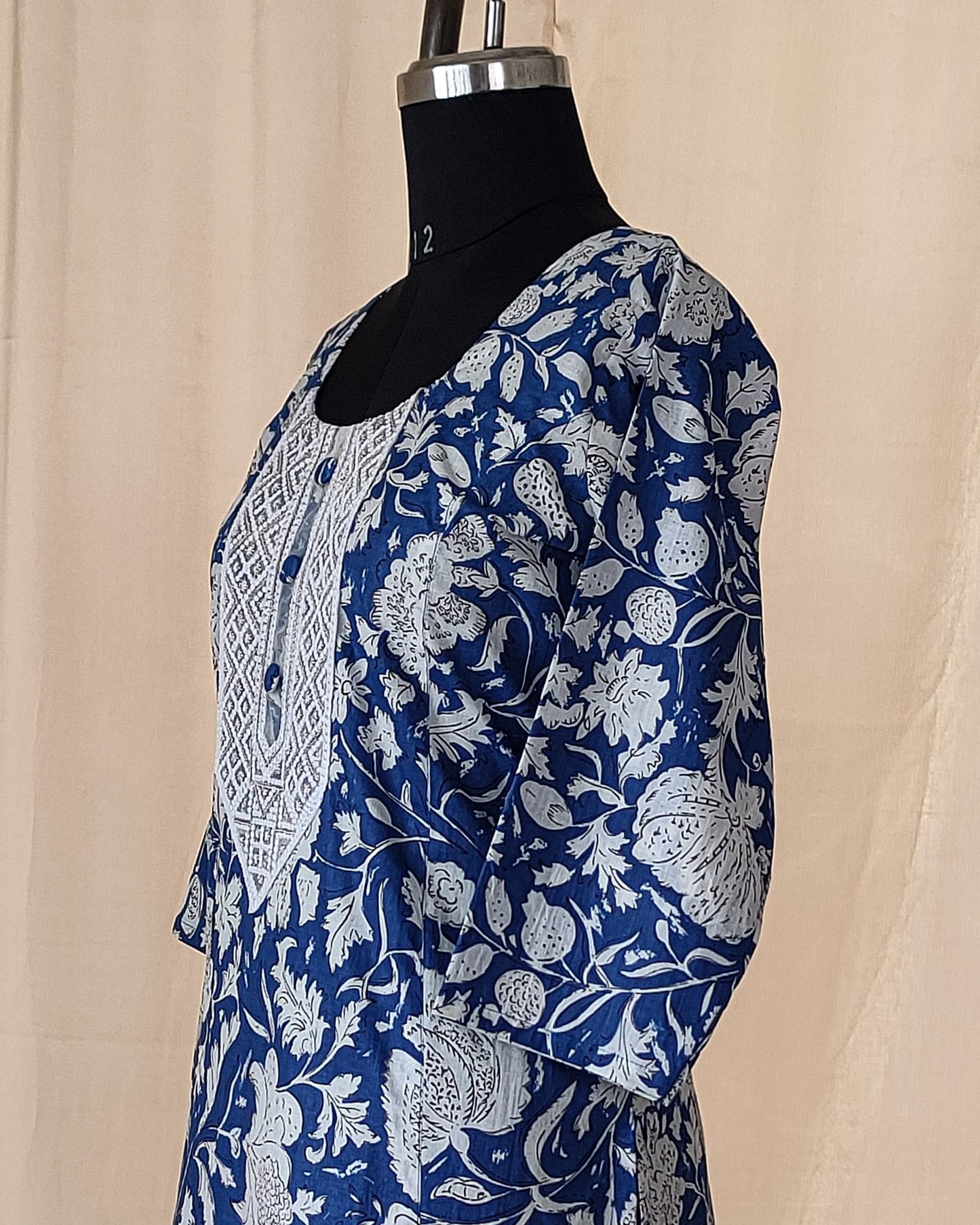 145 Blue Printed A-line Kurta with Lace Patch