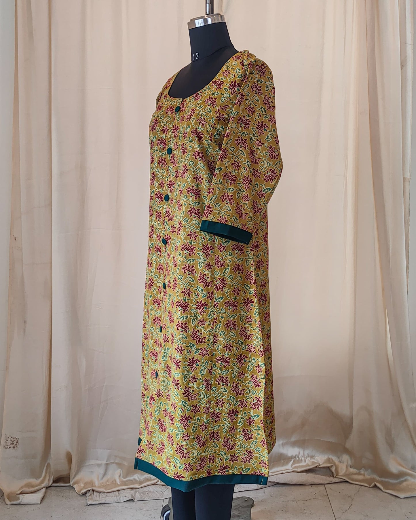 156 Yellow Ajrakh kurta with Green buttons