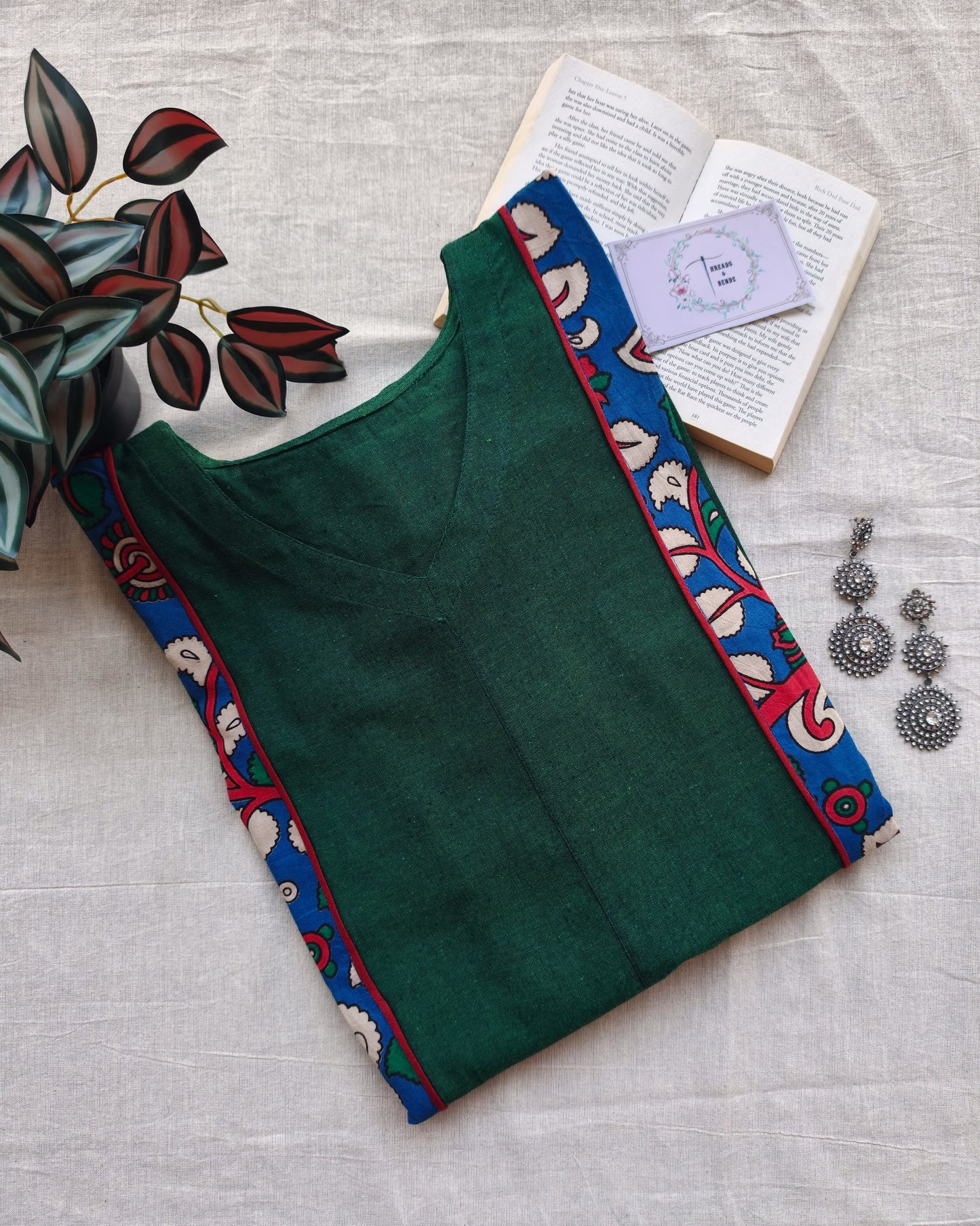 254 Bottle green A-Line with blue kalamkari panels