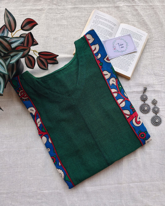 254 Bottle green A-Line with blue kalamkari panels