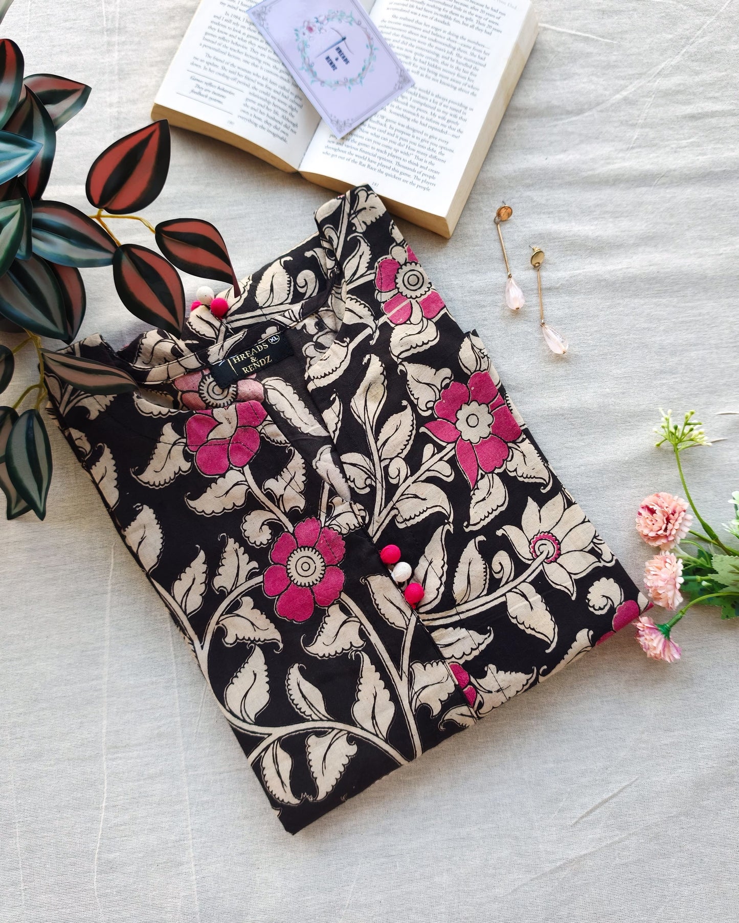 239 Black kalamkari kurta with potlis