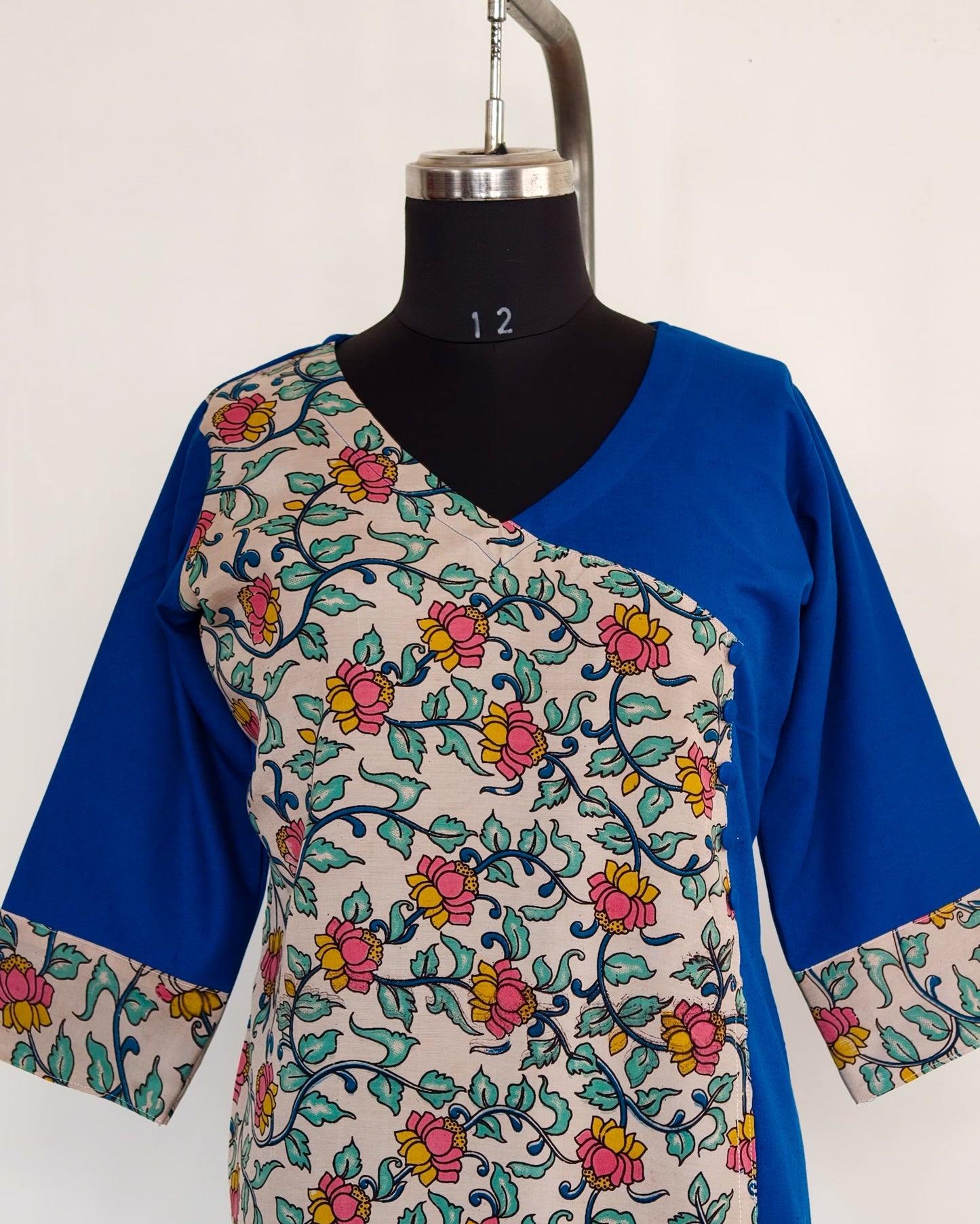 270 Blue with cream fancy silk kalamkari overlap with buttons