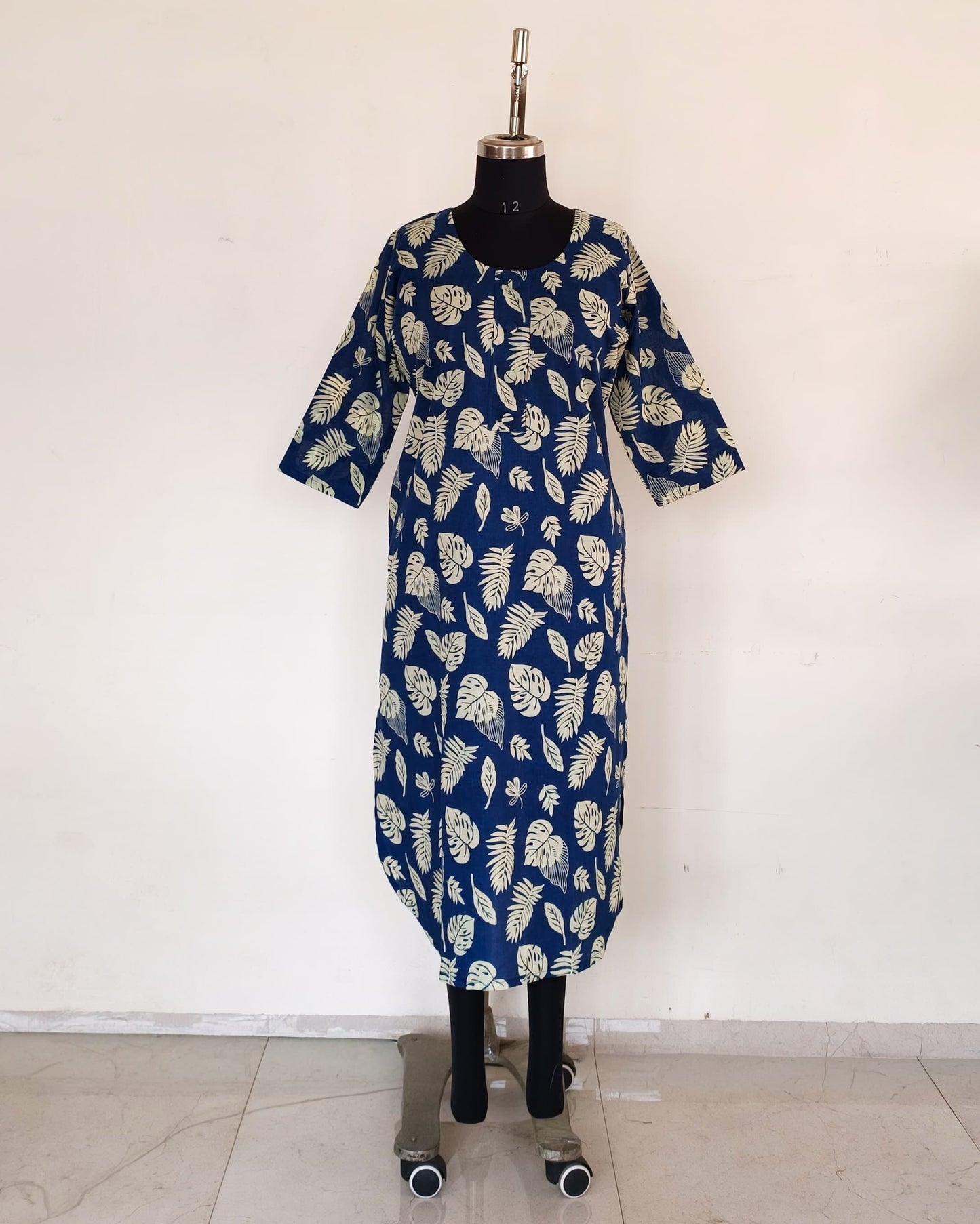 256 Navy blue printed kurta with buttons