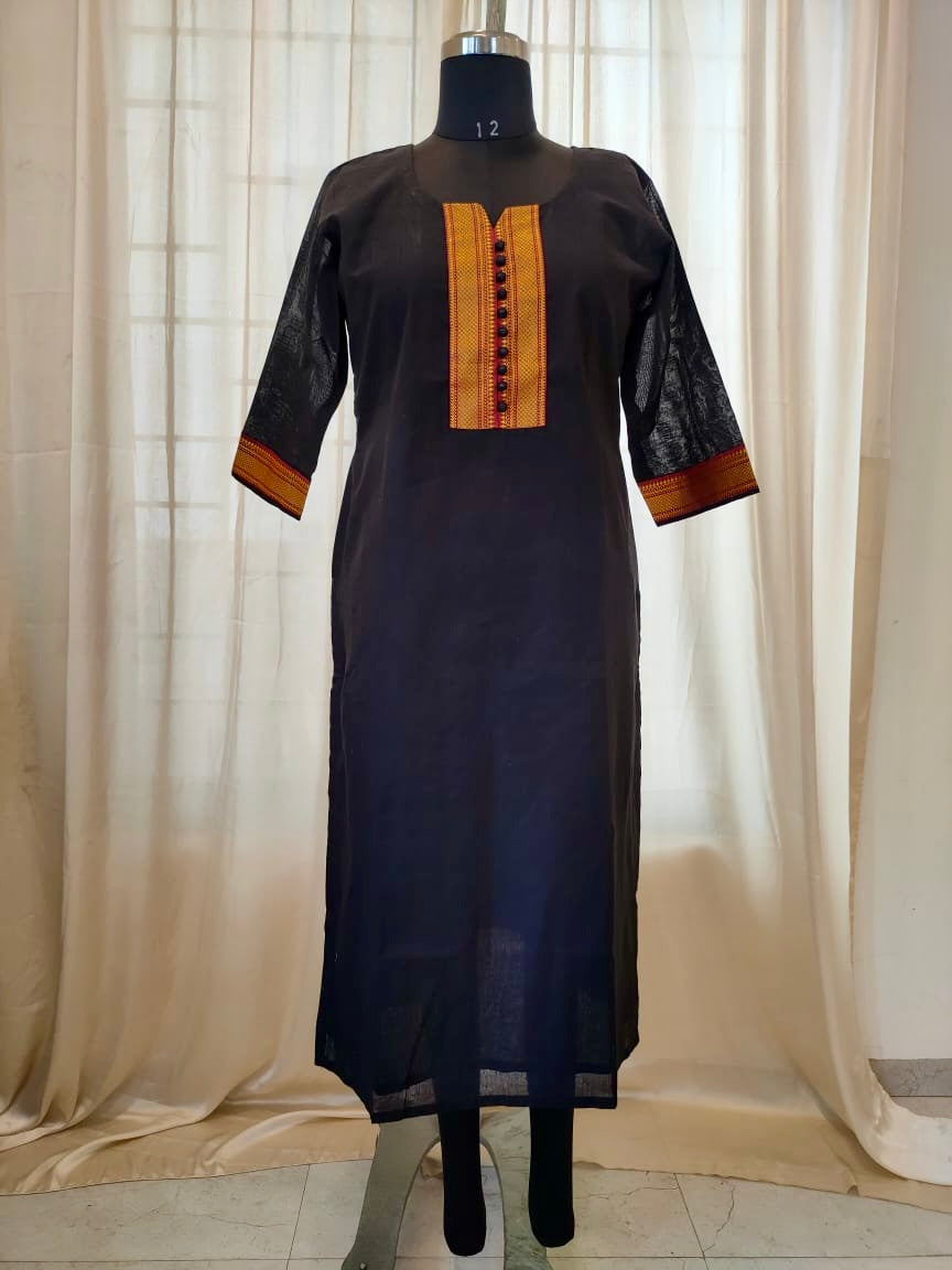 152 Black Mangalgiri cotton kurta with border detailing & lining