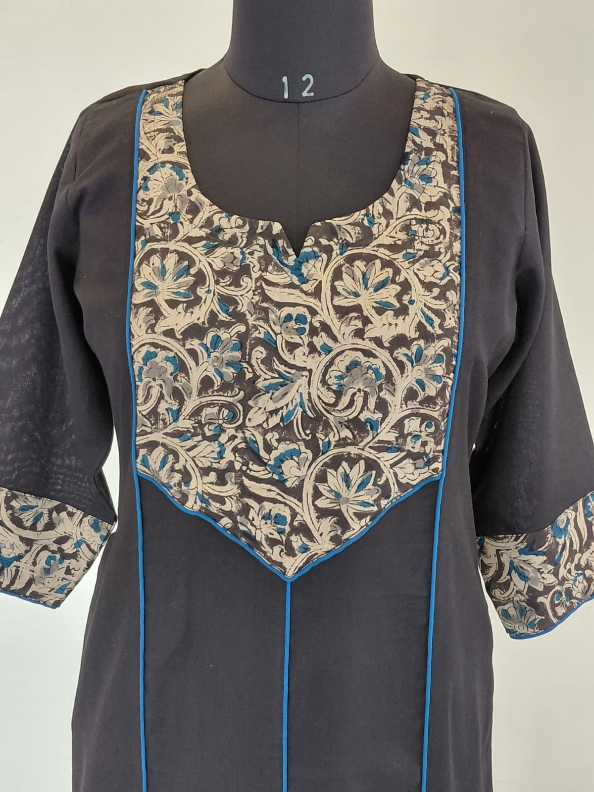 294 Black with kalamkari panel with blue piping