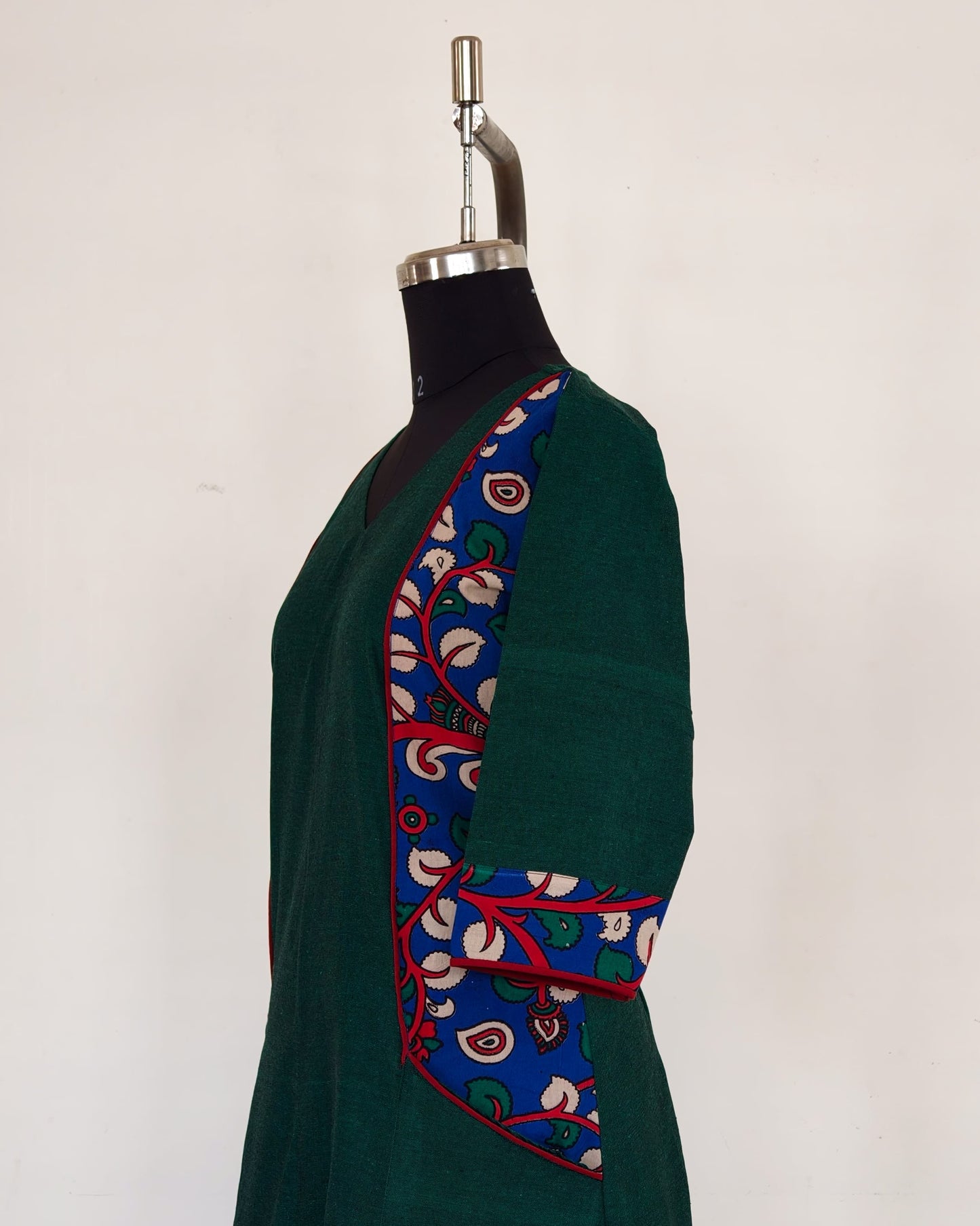254 Bottle green A-Line with blue kalamkari panels
