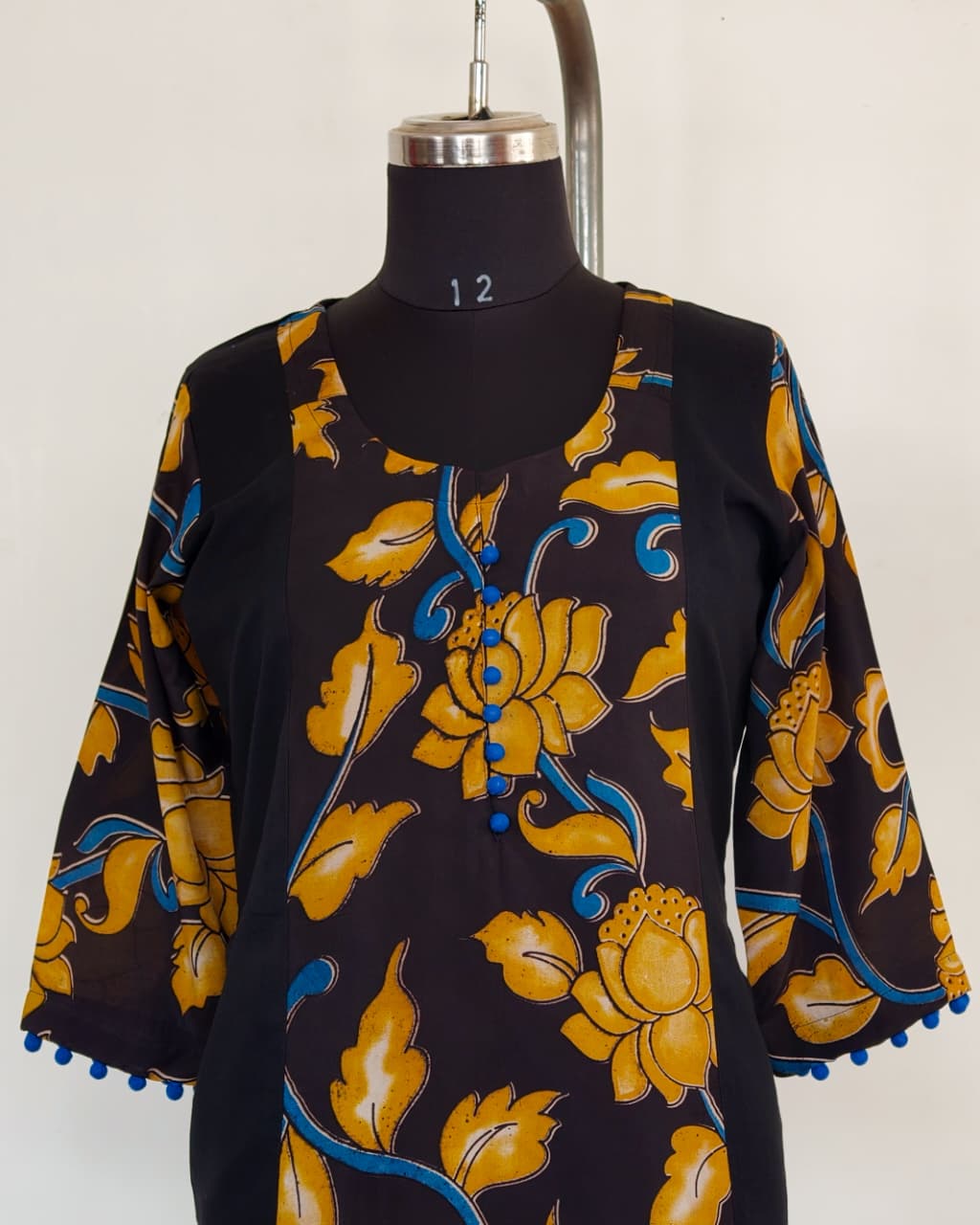 266 Black with fancy silk kalamkari panel and blue potlis