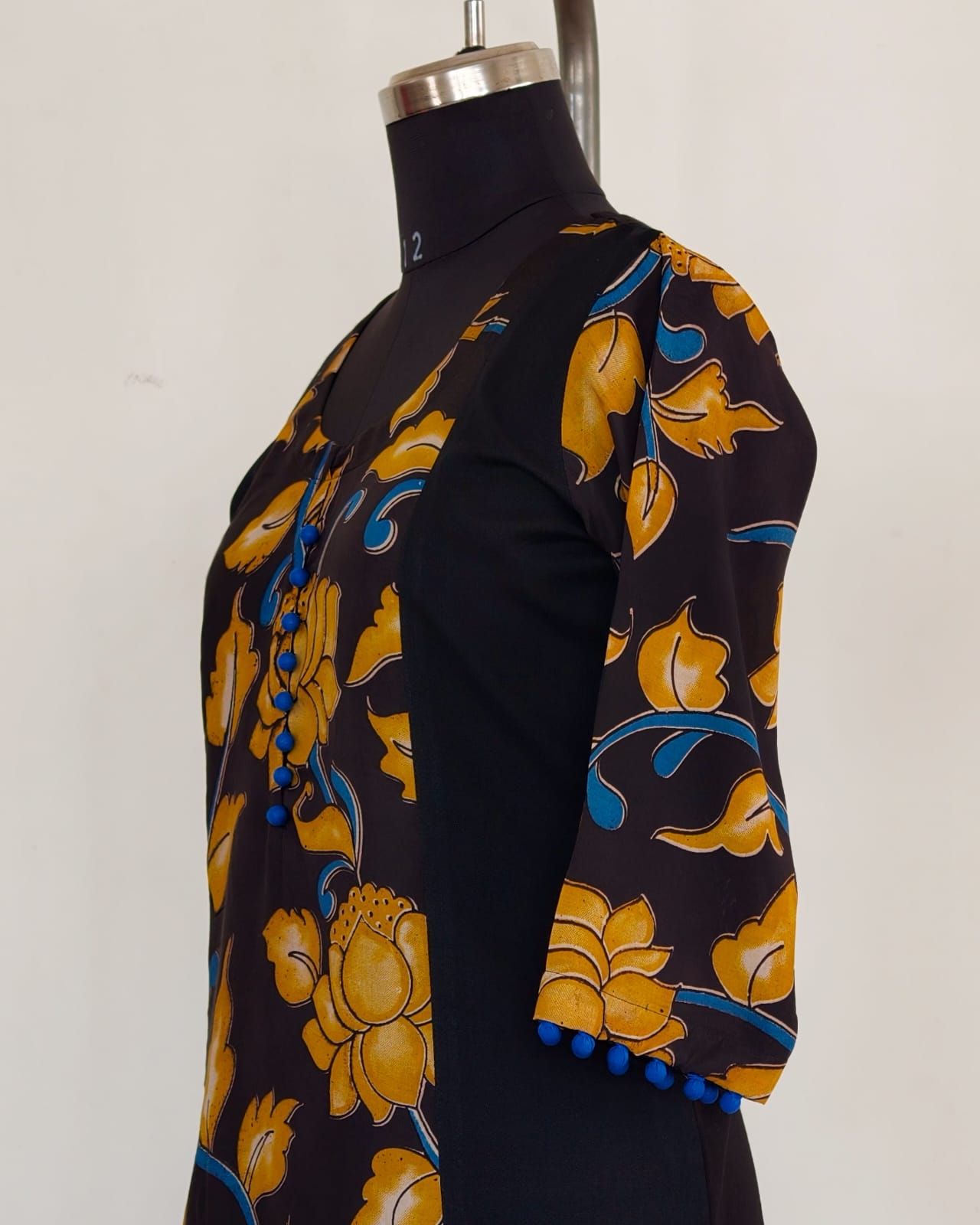 266 Black with fancy silk kalamkari panel and blue potlis