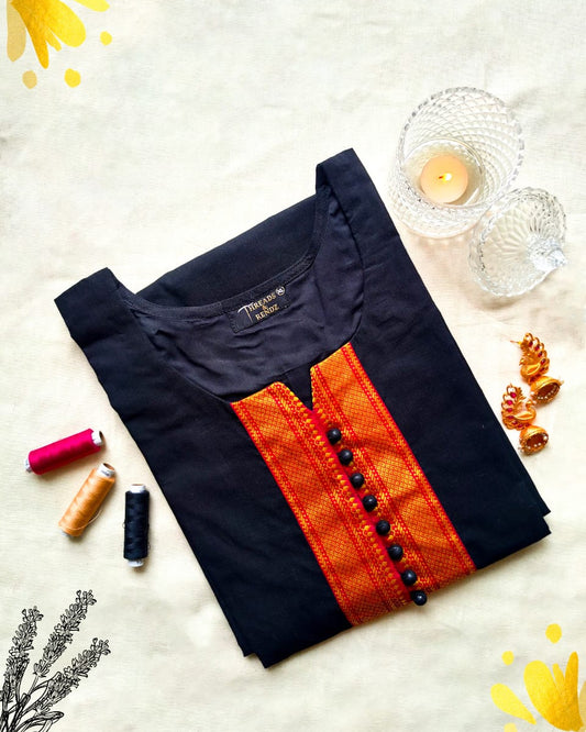 152 Black Mangalgiri cotton kurta with border detailing & lining