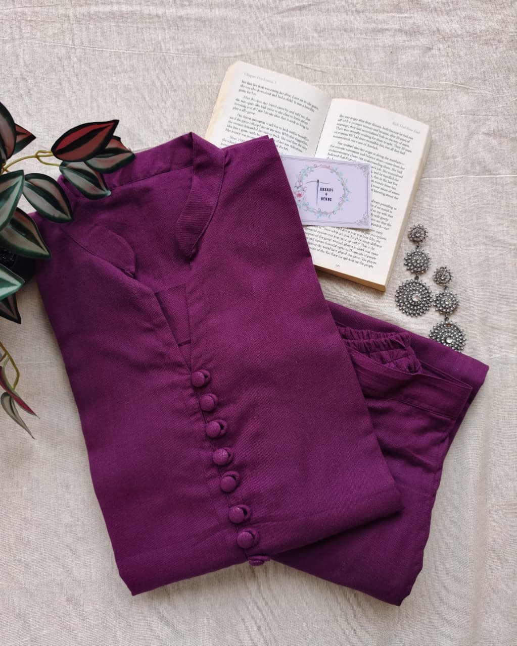 286 Plain purple coord set with button and collar