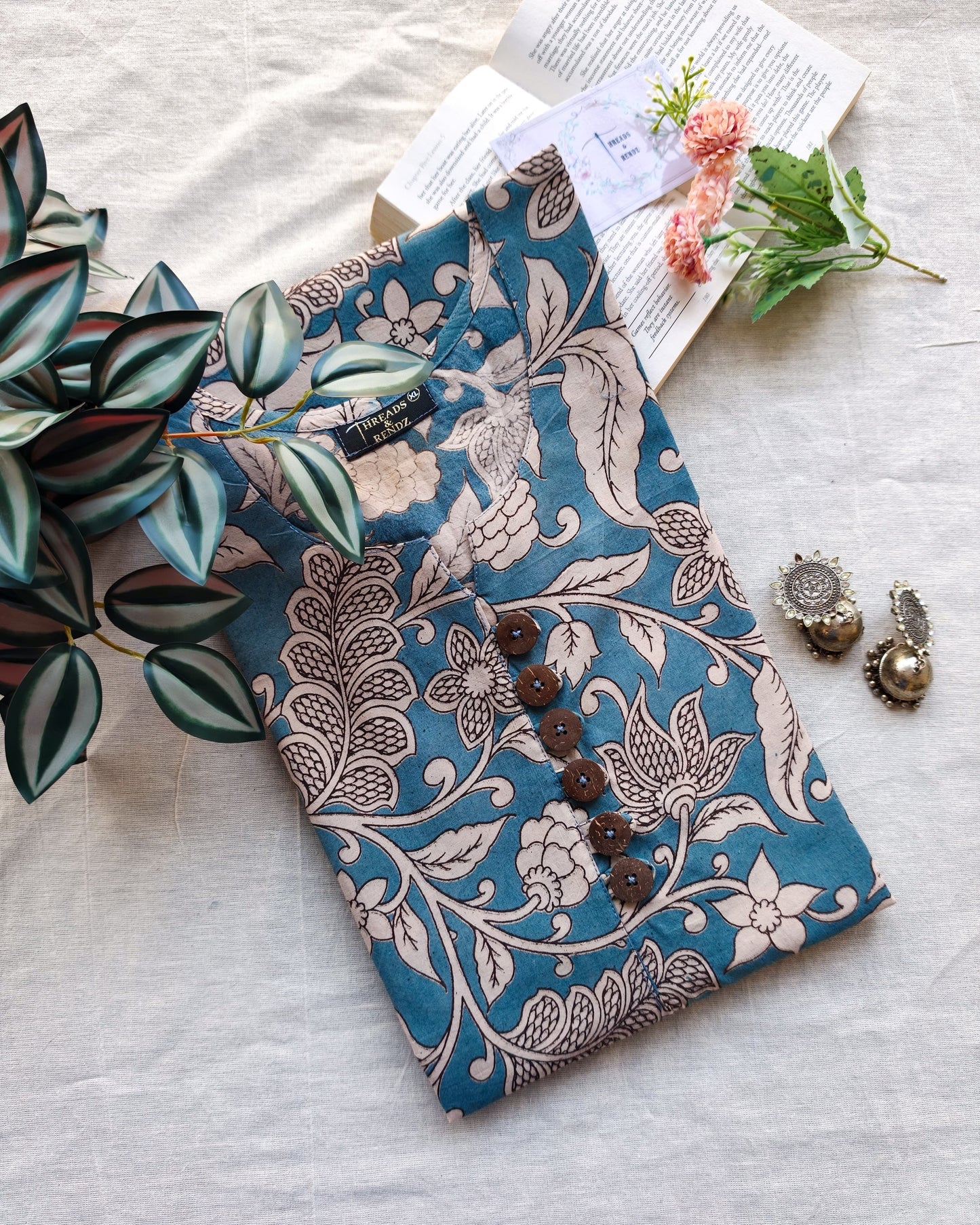 233 Pastel Blue kalamkari kurta with buttons