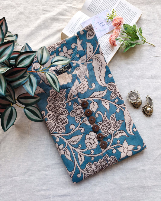 233 Pastel Blue kalamkari kurta with buttons