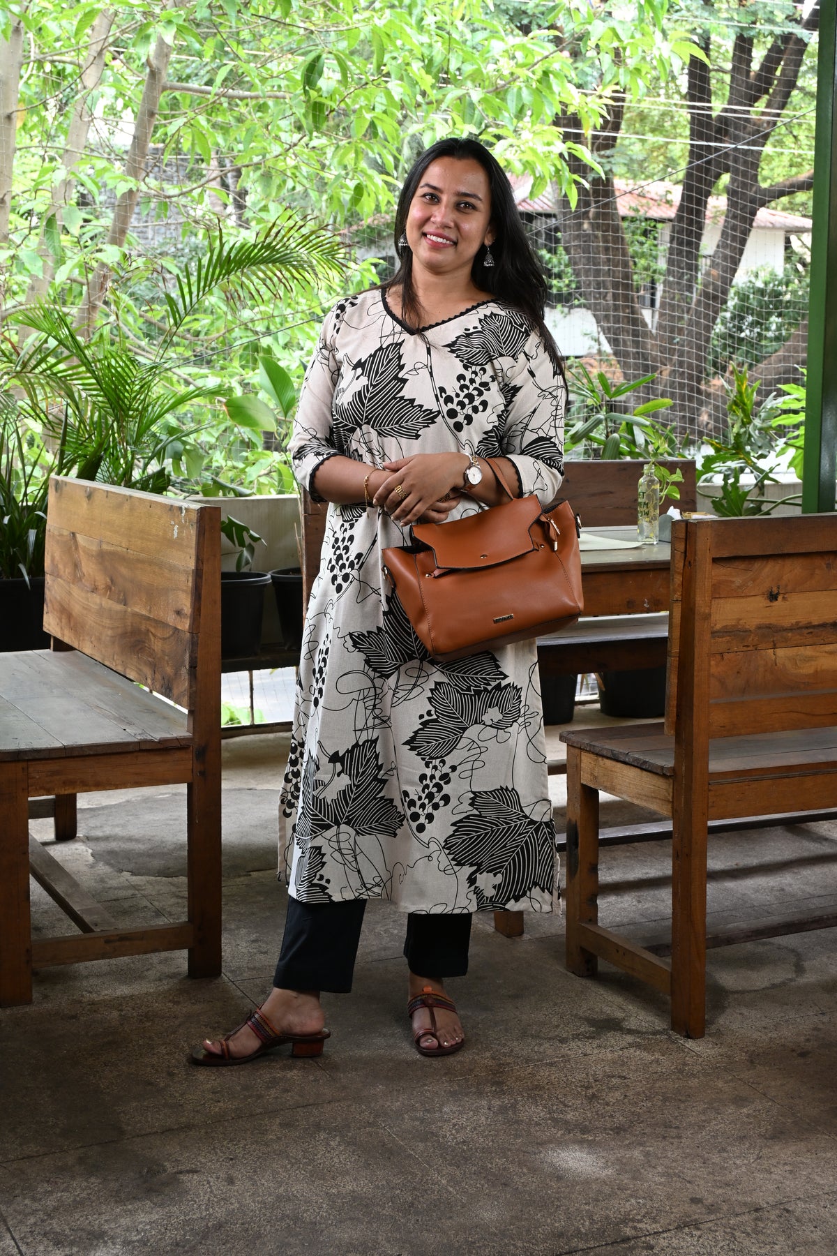 260 Cream and black khadi cotton kurta with lace detailing