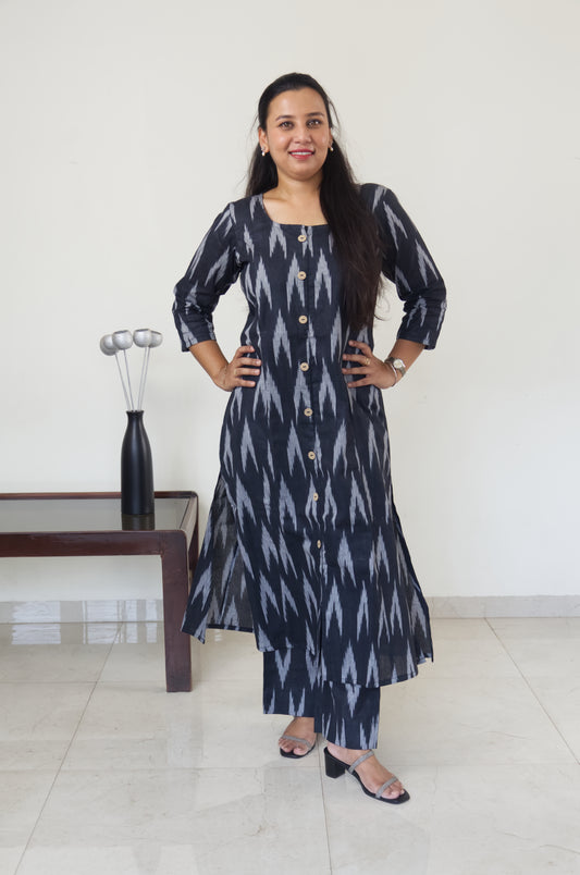97 Black ikkat A-line co-ord set with buttons