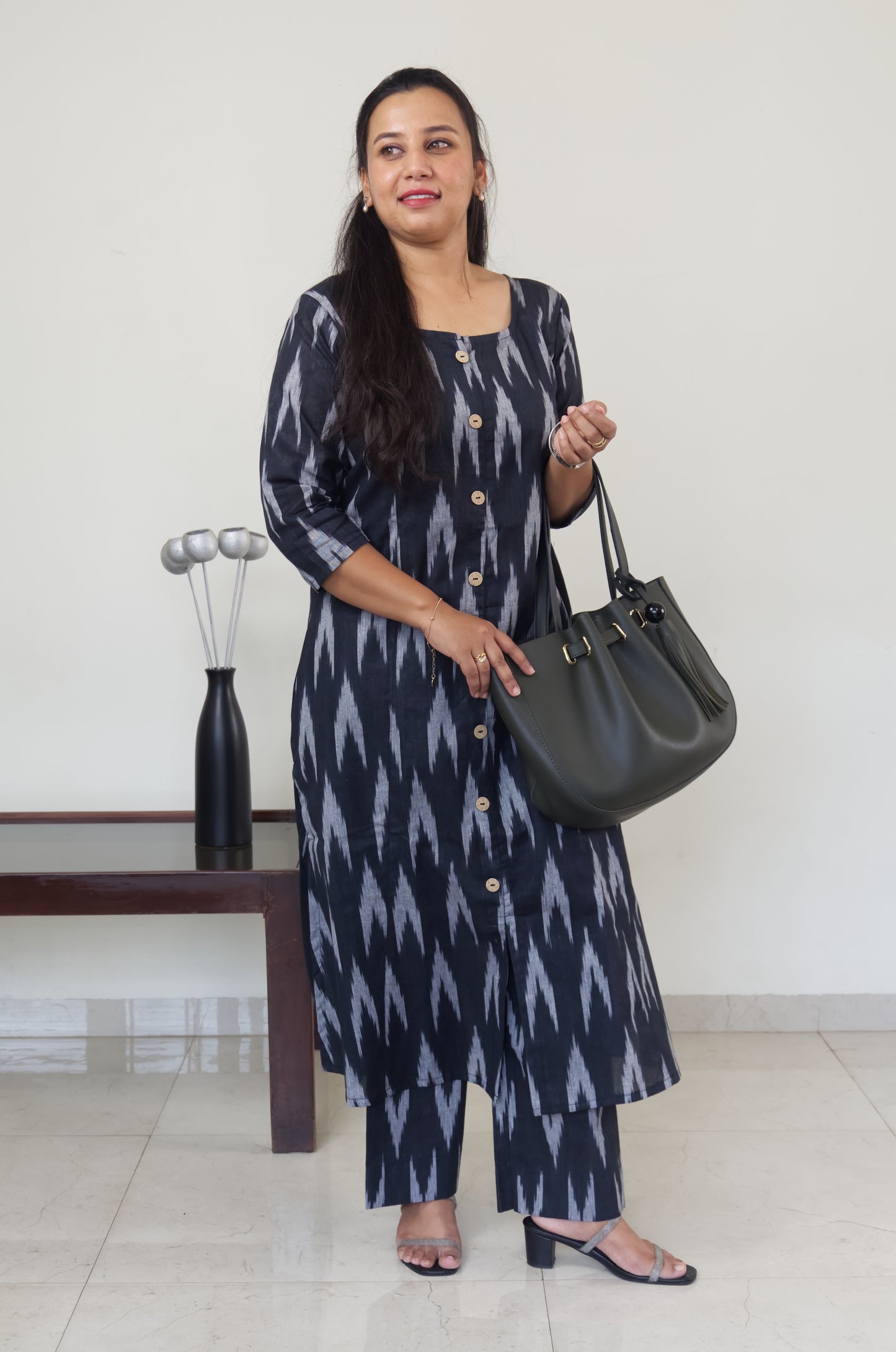 97 Black ikkat A-line co-ord set with buttons