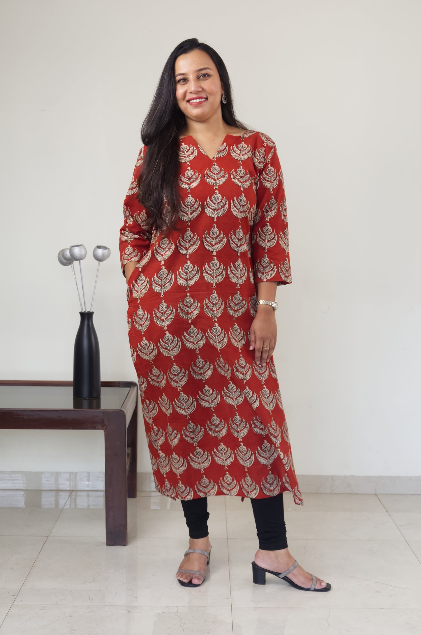 100 Red Printed Cotton Kurta