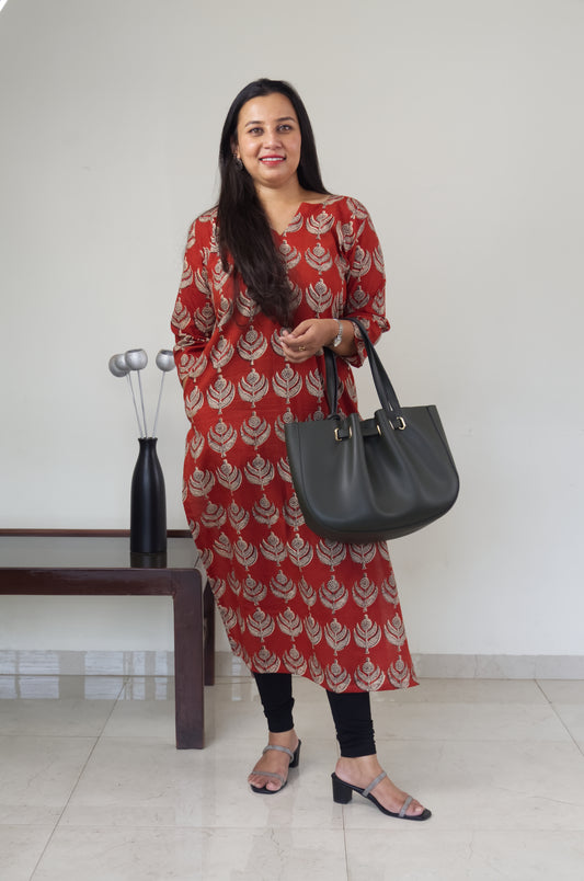 100 Red Printed Cotton Kurta