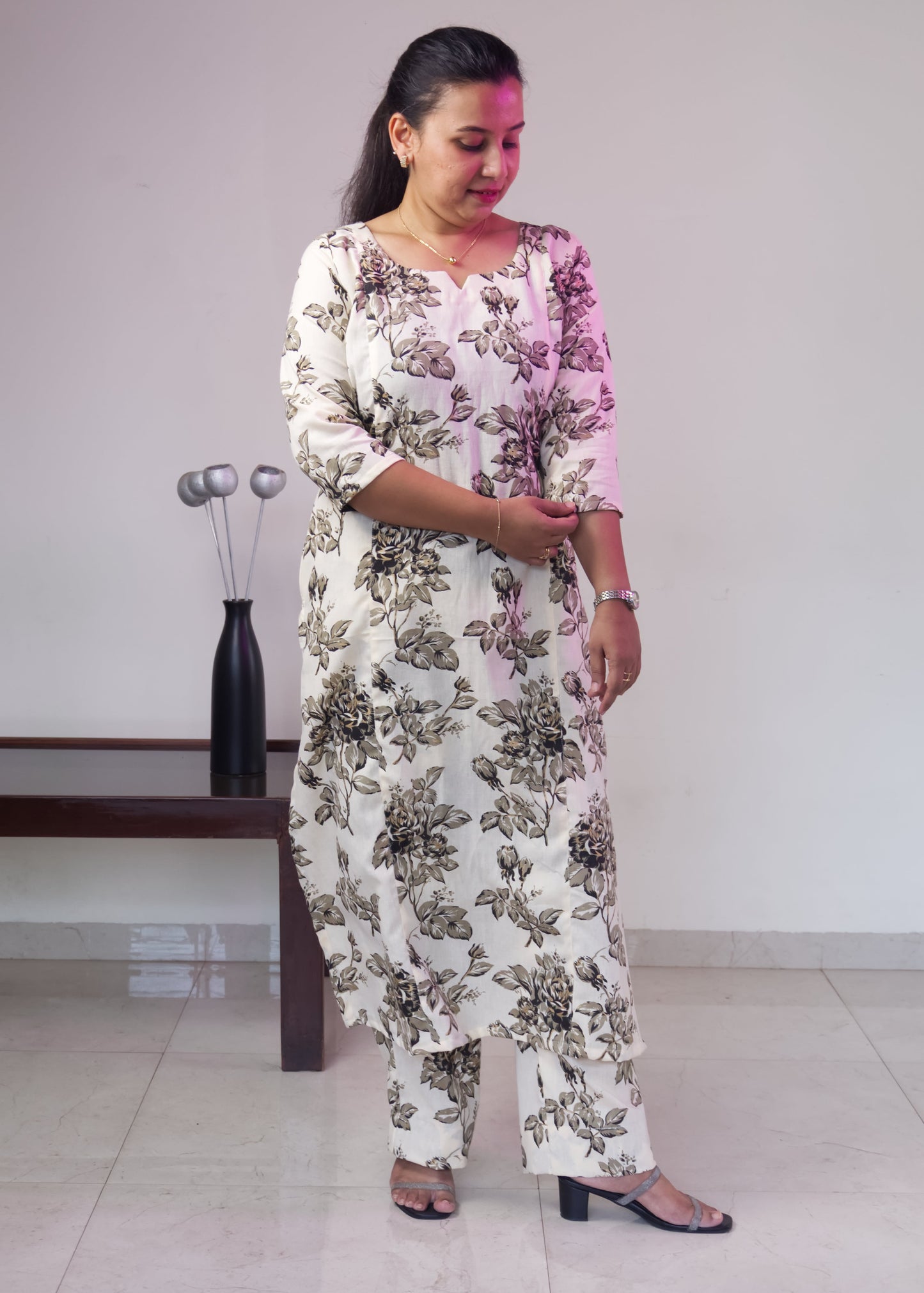 103 Cream floral print cotton co-ord set