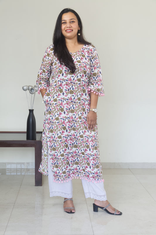 135 White Printed kurta with Pom-pom lace and bell sleeves