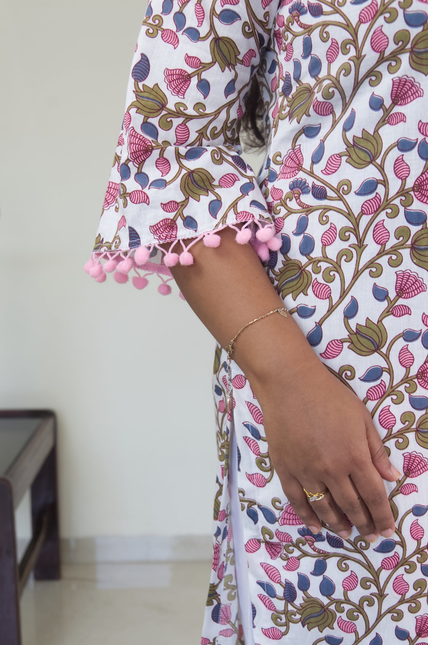 135 White Printed kurta with Pom-pom lace and bell sleeves