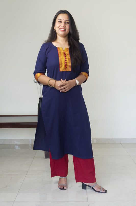 114 Navy Blue Kurta with Khun Border and Red Potlis