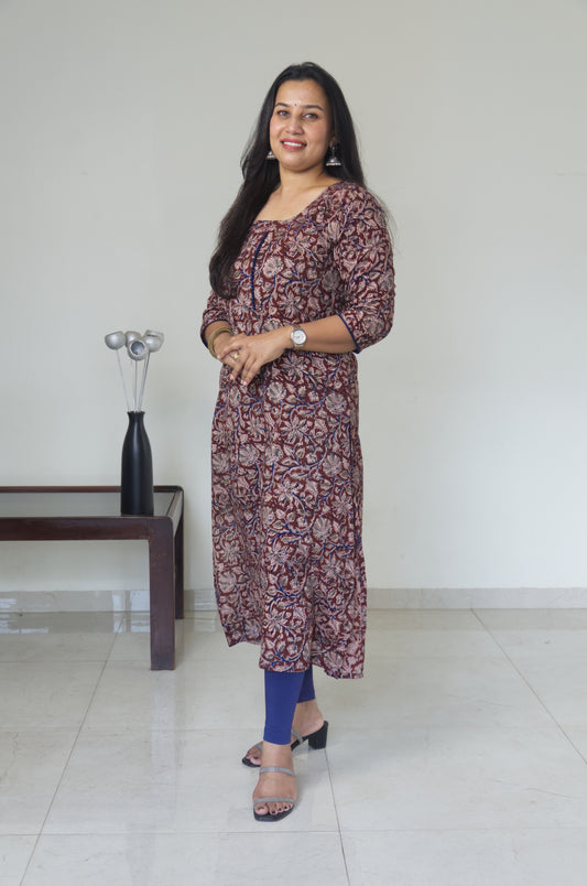 140 A Maroon kalamkari A-line Kurta with blue potlis
